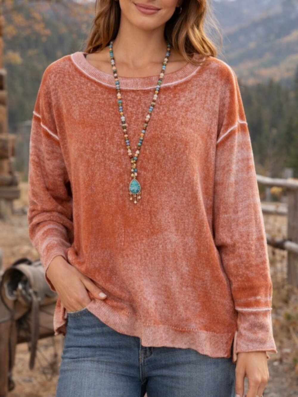 Sundance Distressed Terracotta Relaxed Bleached Knit Cotton Top Shirt S Boho